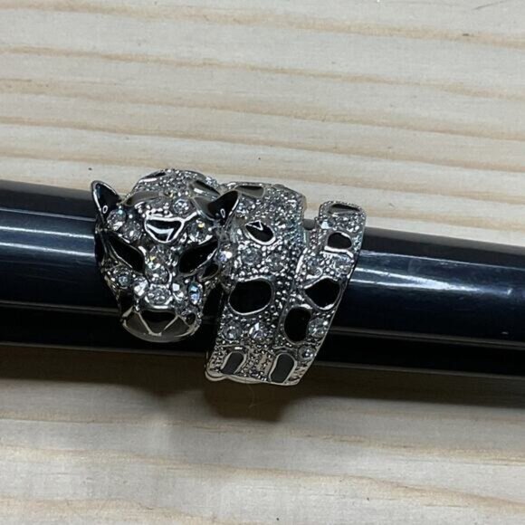 Panther Head Wrap Ring With Crystal Accents Silver-Tone Adjustable - Picture 2 of 3